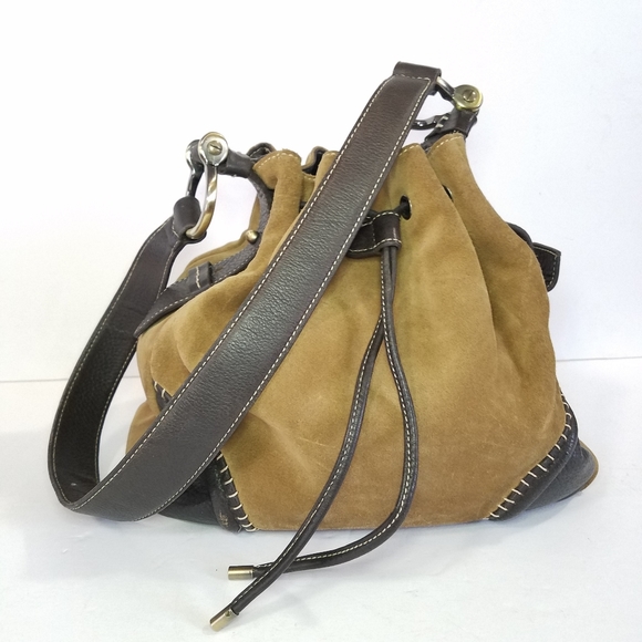 Vintage Donald J. Pliner Y2K Boho Soft Suede Leather Drawstring Bucket Hobo Bag - Picture 3 of 13